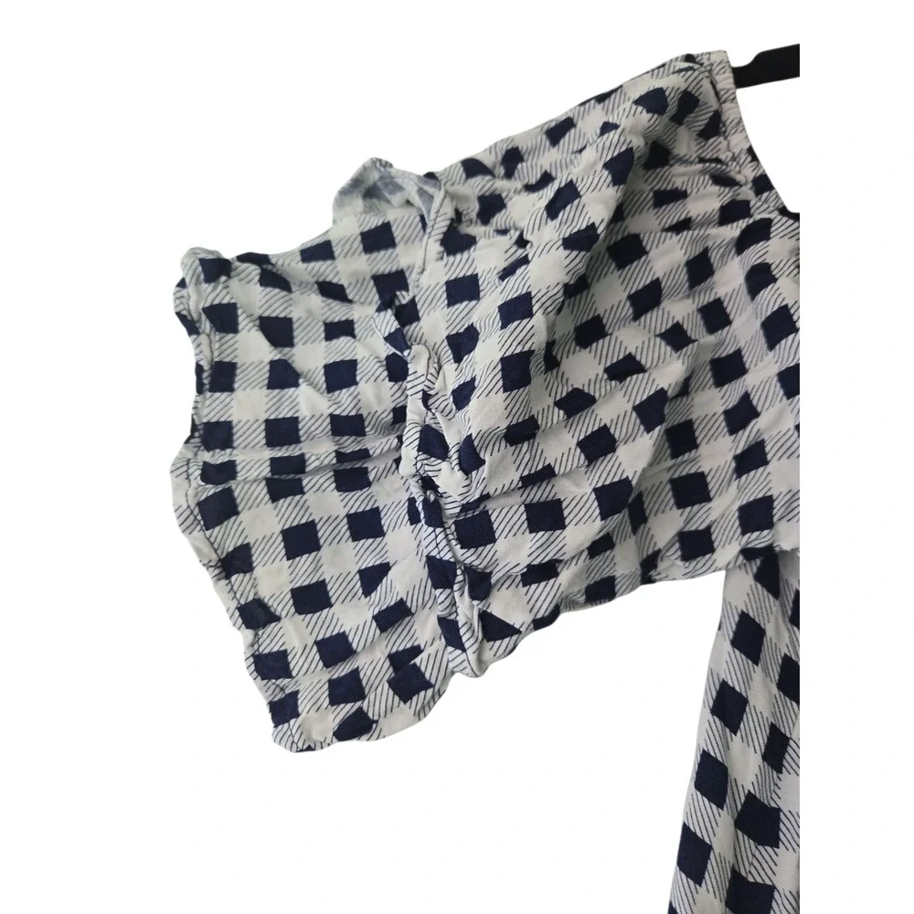 SO Women's Cold Shoulder Top Blouse Medium White Navy Gingham Plaid - Picture 5 of 8